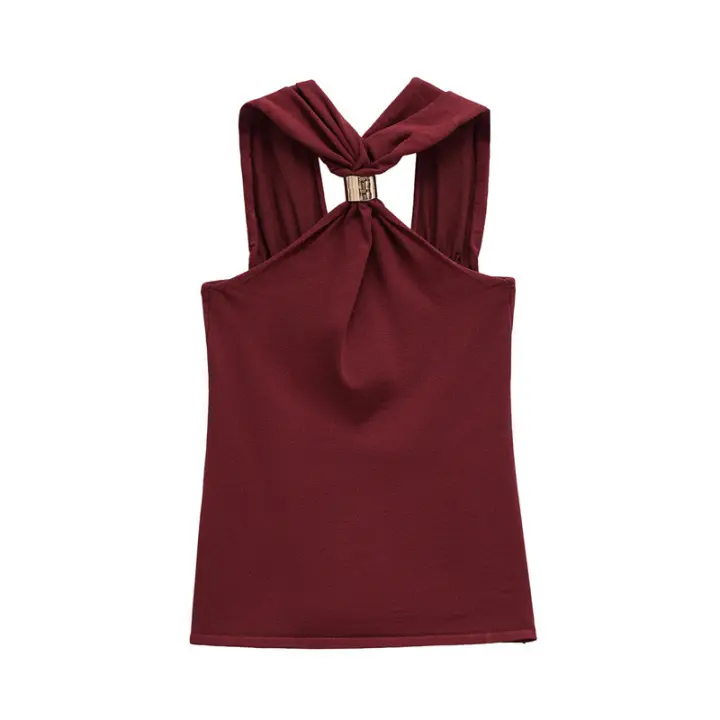 Camiseta Sin Mangas de Punto para Mujer OUWU Top Corto Ajustado Elástico con Detalle de Metal Sin Mangas y Espalda Descubierta - 1