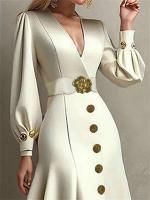 Elegante Vestido de Cena Formal con Botones UOOZEE 2025 Estilo Pleado con Cuello en V Moda de Mujer - details 2