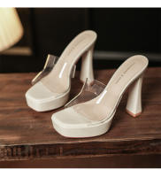 Transparente tacones altos impermeable mesa de una palabra cristal zapatillas frescas tacón grueso hermoso desgaste exterior verano super tacón alto - details 32