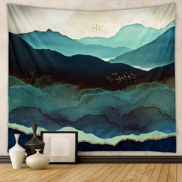 Tapiz para decoración de pared con bosque, árbol, montañas y puesta de sol, paisaje decorativo para el dormitorio - 1