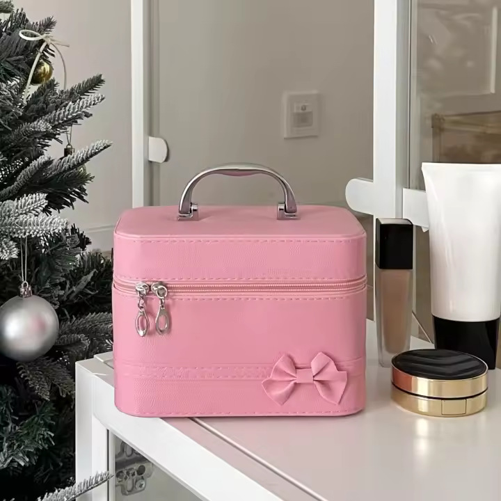 Bolsa de maquillaje de cuero PU con lazo rosa, caja de almacenamiento portátil de gran capacidad para productos para el cuidado de la piel, mango de aleación multifuncional - 1