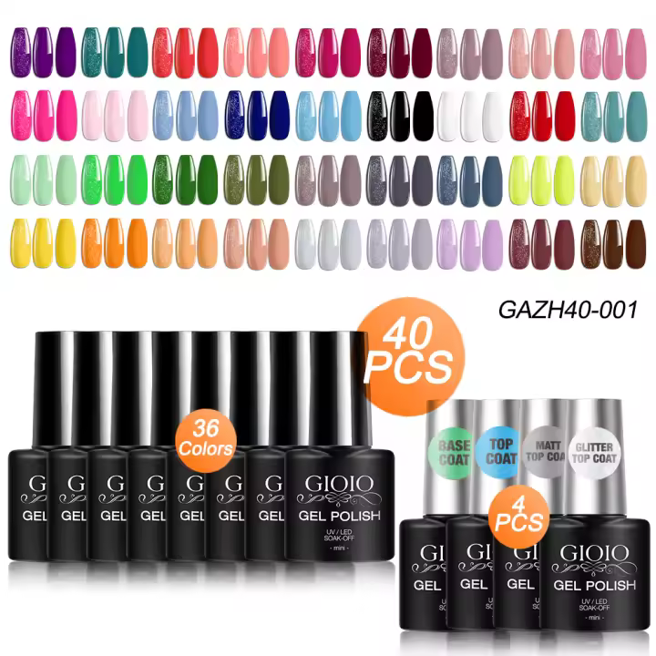 Juego de 40 esmaltes de uñas en gel de larga duración, 36 colores, clásico, básico, para todas las estaciones, lámpara UV, esmalte de uñas en gel, color rojo blanco brillante con 4 capas base en gel, capa superior con brillo mate - 1