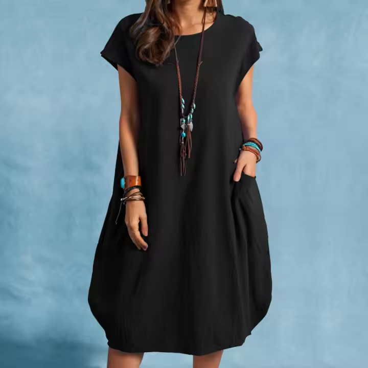 Vestido suelto de lino y algodón con bolsillo de color liso para primavera y verano - 1