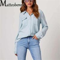 Camisa vaquera fina para mujer, blusa informal de manga larga con bolsillo y solapa de un solo pecho, cómoda, otoño - details 8