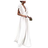 Vestido largo de color sólido para mujer con diseño de mangas voladas, cuello en V y escote trasero descubierto, ideal para eventos de cena. - details 6