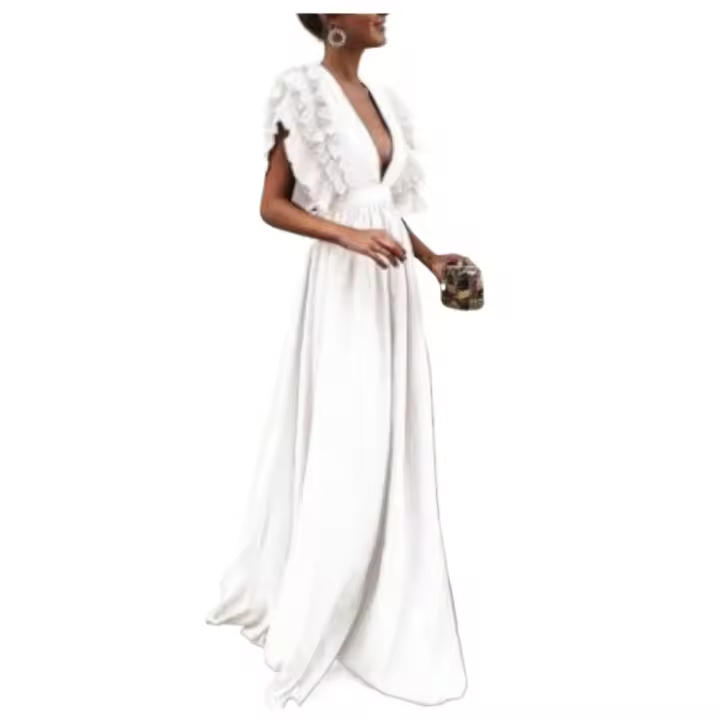 Vestido largo de mujer de color liso con cuello en V y diseño sin espalda, ideal para cenas. - 1