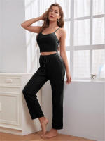 Conjunto de pijama de tres piezas para mujer, artículos para el hogar, top con tirantes de punto de oblea, pantalones largos, t, 2024 - details 4