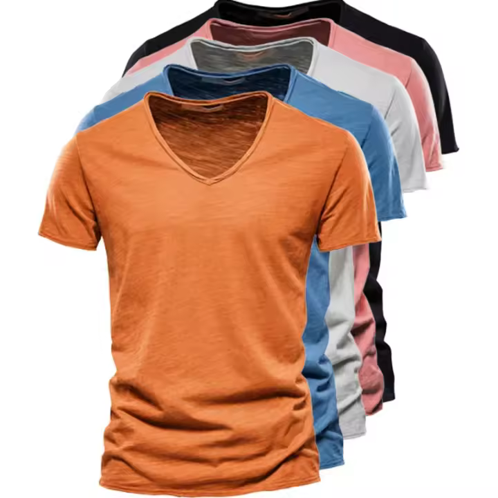 Camiseta 100% de algodón con cuello en V para hombre, camisetas deportivas ajustadas para correr, camisetas sólidas para hombre, camisetas de manga corta de verano para hombre - 1