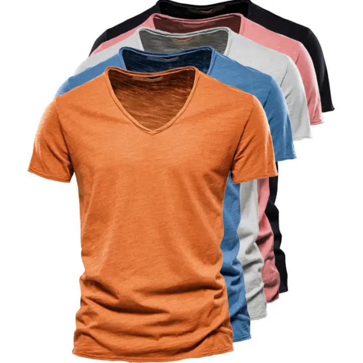 Camiseta 100% de algodón con cuello en V para hombre, camisetas deportivas ajustadas para correr, camisetas sólidas para hombre, camisetas de manga corta de verano para hombre - 1