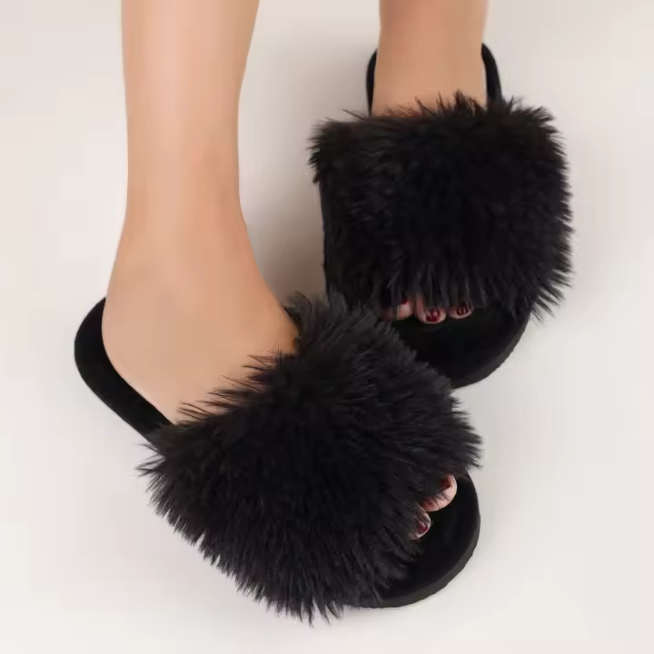 Zapatillas de piel sintética de felpa para mujer, alfombra de casa de invierno, sandalias mullidas, chanclas con punta abierta para caminar al aire libre, primavera y otoño - 1