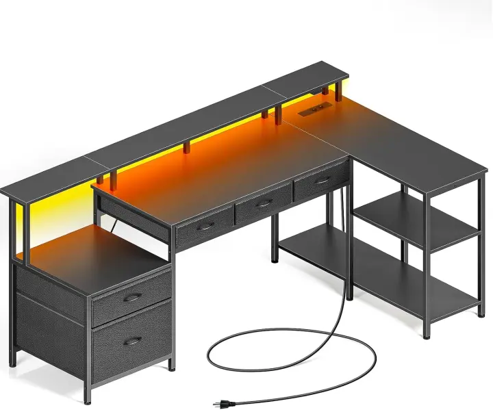 Mesa de Juego Gaming Reversible 163 cm con Cajones, Escritorio para Oficina o Dormitorio Negro - 1