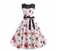 Lace patchwork summer women a line elegant vintage party dress with belt - details 45
