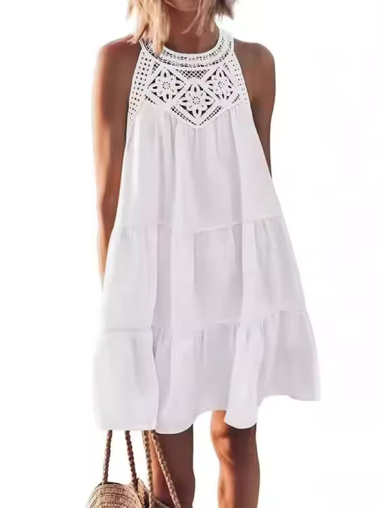 Minifalda de playa de verano para mujer, vestido bohemio blanco Ence Calado, cuello camisola sin mangas, vestido plisado liso vintage - 1