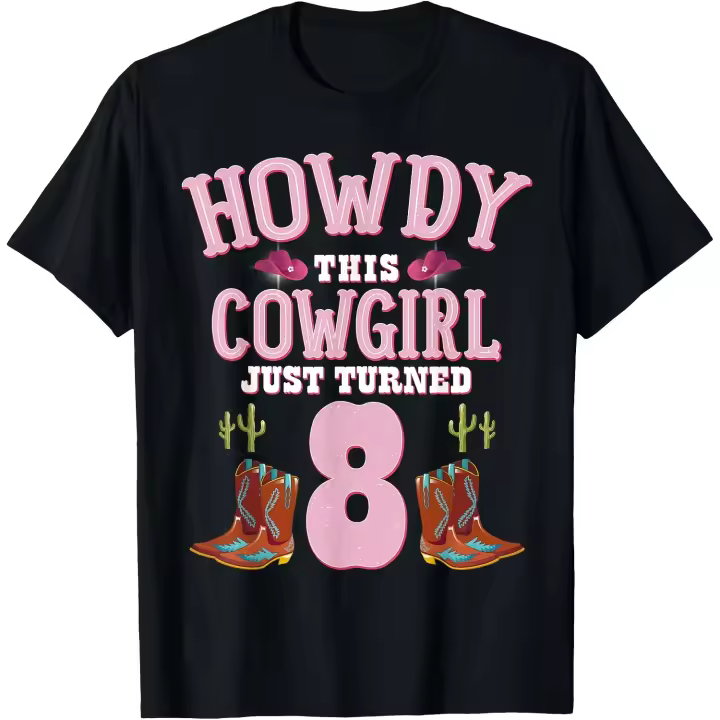 8º cumpleaños niñas vaquera Howdy Western temática cumpleaños camiseta hombres camiseta - 1