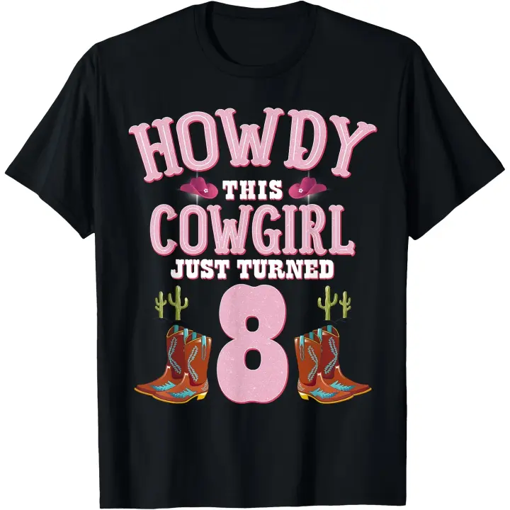 8º cumpleaños niñas vaquera Howdy Western temática cumpleaños camiseta hombres camiseta - 1