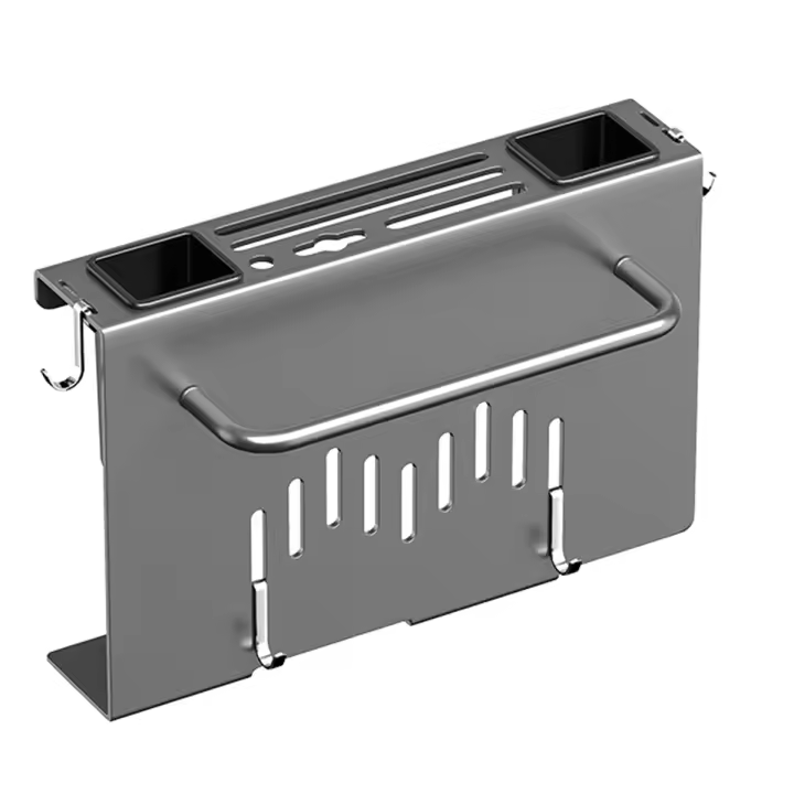 Soporte de pared para utensilios de cocina, estante organizador de almacenamiento colgante multiusos con soporte para tabla de cortar, color negro - 1