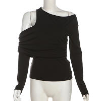 BUNO-Camiseta negra de manga larga con hombros descubiertos para mujer, jersey ajustado a la moda de cintura alta, Top liso Y2k 2024 - details 5