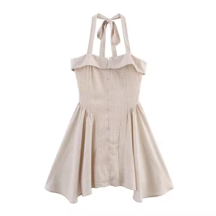 ZOCI- Vestido midi sin espalda con botones cortos a cuadros y cuello halter para mujer, vestidos elegantes con espalda elástica para mujer - 1
