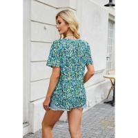 BUNO-2025 Nueva camisa de verano 2025 para mujer, ropa para mujer, blusa con cuello en V, Tops de manga corta a la moda, blusas holgadas con estampado Floral a rayas para mujer - details 7