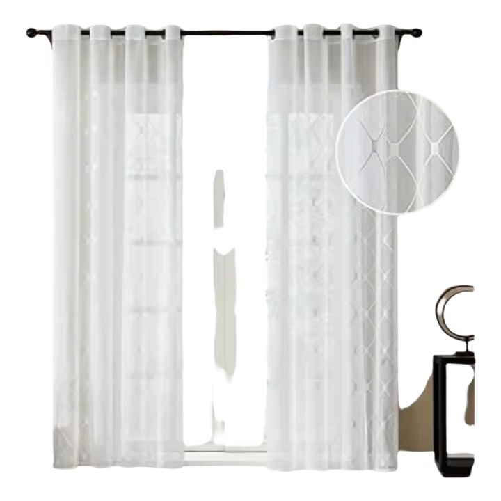 Cortina de Ventana Bordada con Rombal Transparente, Paneles para Habitaciones, Gasa de Ojetes, Blanco, 2 Piezas, Ancho 200cm, Longitud 250cm - 1