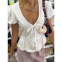 Rockmoer-Blusa Kawaii Peplum para mujer, blusas blancas de verano con mangas cortas con lazo y cuello en V, paridad frontal, campaña - details 1