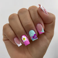 Set Completo De 24 Uñas Postizas Cuadradas Cortas Diseño Francés Color-Block Con Caras Amorosas Estilo Europeo Y Americano Incluye 1 Pegamento Jaleo Y 1 Linterna Perfecto Para Fiestas Bailes Y Uso Diario Desmontables Y Reutilizables - details 0