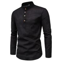 Camisas de manga larga de algodón y lino de primavera y otoño para hombre con cuello alto - details 2