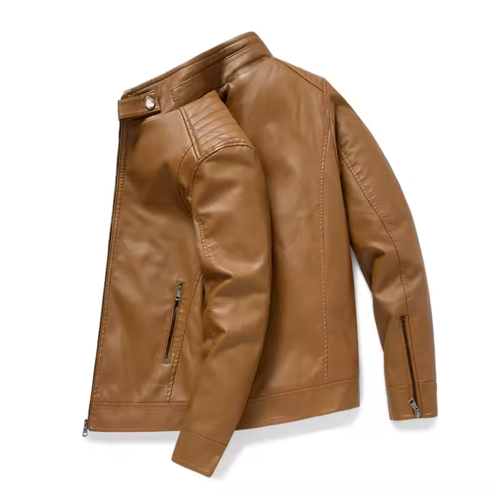 Moda para actividades al aire libre, chaqueta de cuero con cuello levantado para hombre, nueva moda, Tops Retro versátiles, abrigos informales sólidos a prueba de viento para otoño e invierno para hombre - 1