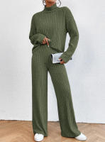 Pantalones sueltos casuales de punto con cuello alto y manga larga para mujer, suéter de dos piezas, - details 5