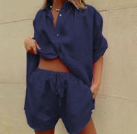 Conjunto de dos piezas de verano para mujer, camisa de manga corta de color sólido con botonadura sencilla y pantalones cortos anchos con cordón. - details 12