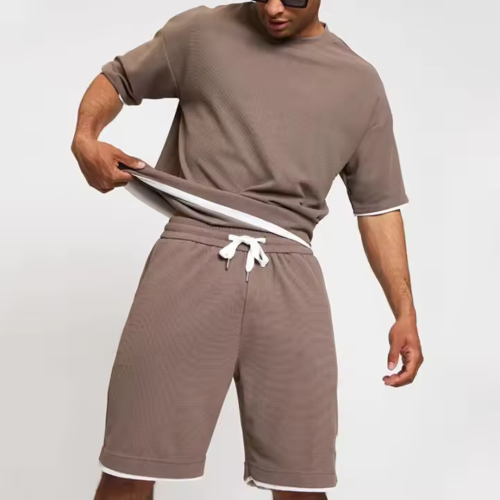 Conjunto de moda con color contrastante para hombres, cuello redondo, top de manga corta, pantalones cortos, deportes de verano y ocio, nuevo - 1