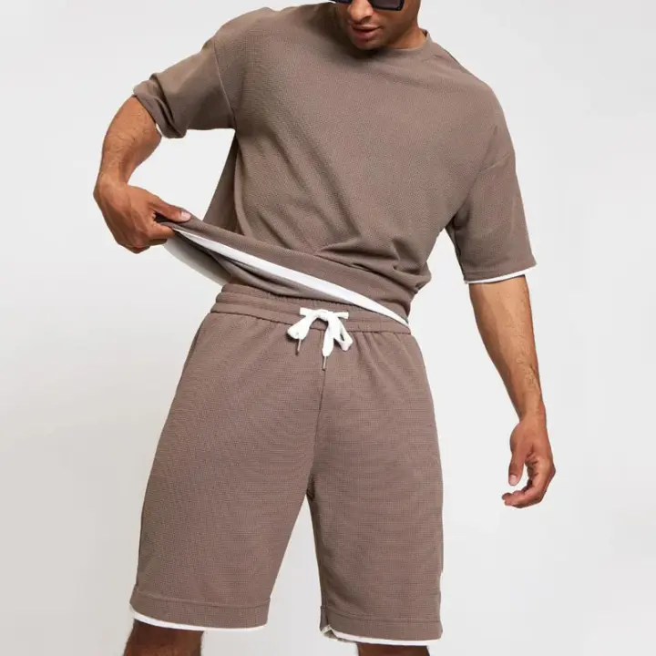Conjunto de moda con color contrastante para hombres, cuello redondo, top de manga corta, pantalones cortos, deportes de verano y ocio, nuevo - 1