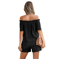 Conjunto de dos piezas de manga corta holgado de color sólido con hombros descubiertos informal para mujer, nueva colección primavera verano - details 22