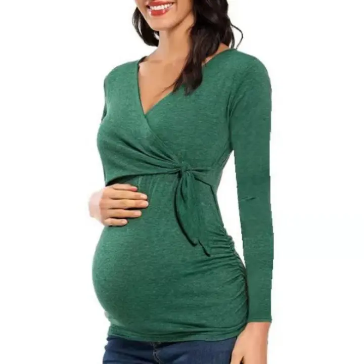 Camiseta premamá de lactancia con cuello en V cruzado de algodón - 1