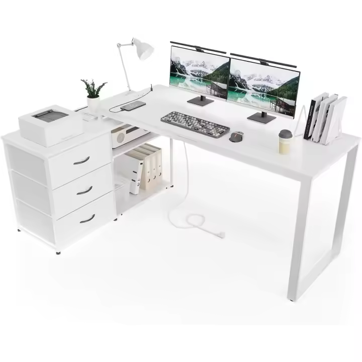 140x105cm Escritorio Esquinero Reversible,Mesa de Ordenador con 3 Cajones,Estante de Almacenamiento,Escritorio en L con 2 Puerto de Carga USB y 2 Enchufes para Oficina en Casa Blanco - 1