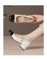 Zapatos de tacón medio para mujer, cómodos, de 3cm, bloque de color blanco y negro, zapatos Mary Jane con punta cuadrada - details 22