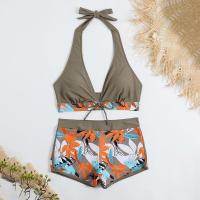 Bikini abierto con estampado de hojas retro en talla grande, conjunto de traje de baño de dos piezas con correas estables para mujer - details 35
