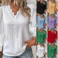 Blusa Informal De Manga Larga Con Cuello En V Para Mujer, Camisa De Retazos De Encaje, Color Sólido, Para Oficina, Primavera - details 0