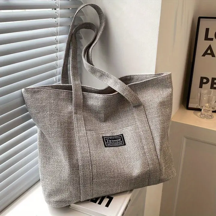 Bolso de mano de tela de cáñamo para mujer, bolso de hombro espacioso, bolso de mensajero versátil con cierre de cremallera, con múltiples bolsillos, para lavar a mano o limpiar en seco - 1