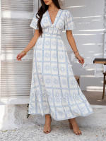 2025 Primavera / Verano Casual Bomisia Vacaciones Estilo Estampado Contraste Color Cuello en V Cintura alta Vestido de manga corta - details 21