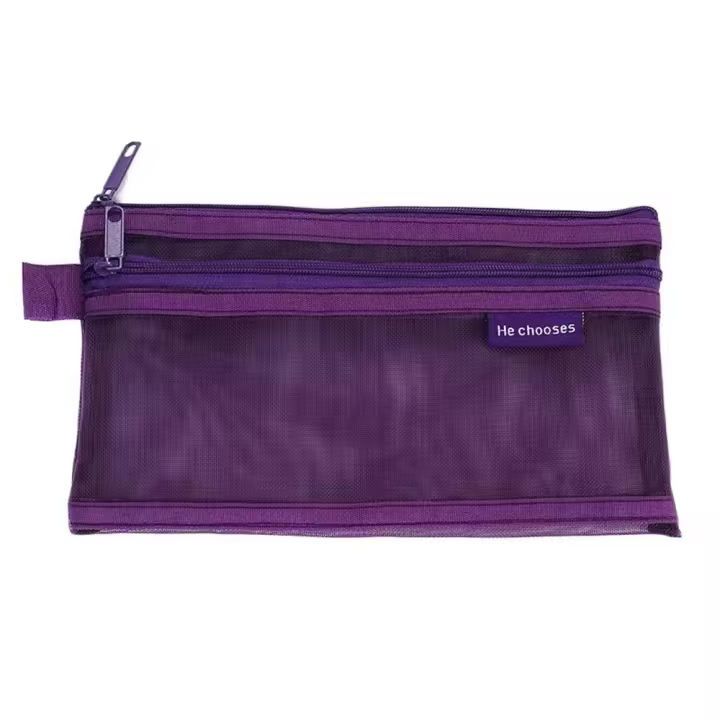 Bolsa de maquillaje de malla transparente hueca, bolsa de lápiz transparente de Color sólido de doble capa, bolsa de almacenamiento de Cable de datos, tarjetero - 1