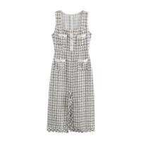 - Conjunto de dos piezas de moda coreana para mujer, blusa blanca con cuello de lazo y tirantes finos, minivestido de tweed con un solo botón - details 3