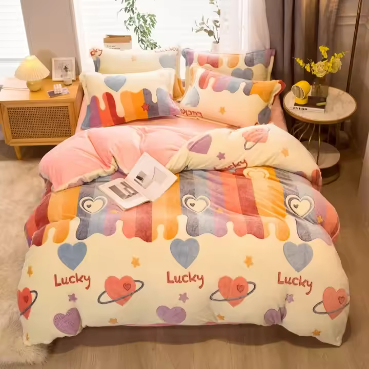 Sábana de Terciopelo Cálido Coral para Invierno con Estampado de Flor Hueso de Couette Suave y Grueso 240x220 - 1