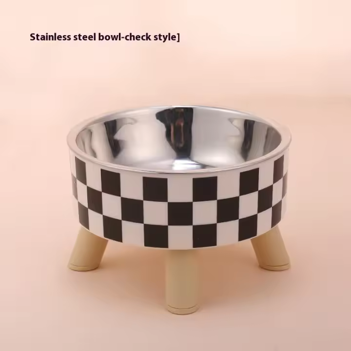 Cuenco para perros y gatos con lunares a cuadros de acero inoxidable antideslizante fácil de limpiar para interiores y exteriores - 1