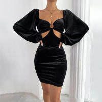 Mujer con anillo hueco cintura delgada temperamento, manga de burbuja, vestido de terciopelo - details 1