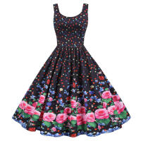Women vintage spaghetti strap floral print high waist elegant sleeveless a-line party midi dress - details 9