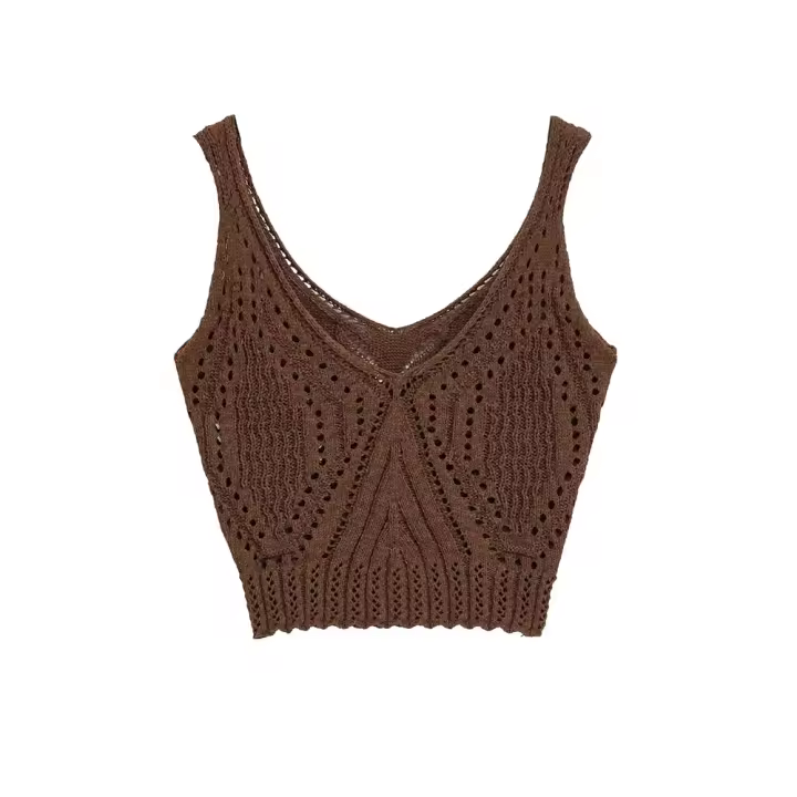 PB & ZA 2025 slim fit jacquard malla tejida con cuello en V tirantes cortos casual simple tops novedad de verano ropa de mujer - 1