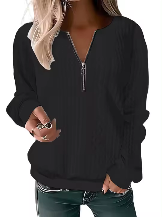 Camiseta de punto con cremallera de manga larga para mujer, ropa de moda de color claro para mujer, top de otoño e invierno - 1