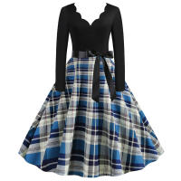 Women plaid print long sleeve vintage a line party dress v neck - details 31