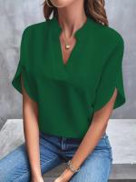 Blusa de manga dividida con cuello con muescas sólidas para mujer, top casual de media manga con hombros caídos para verano, ropa de mujer para uso diario, ropa de moda para mujer, ropa de mujer - details 5